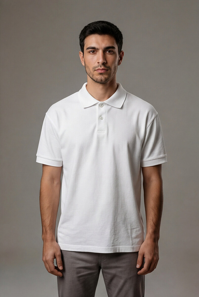 Erkek Polo Yaka T-Shirt Düz Beyaz %100 Pamuk Pike Kumaş - Tisho