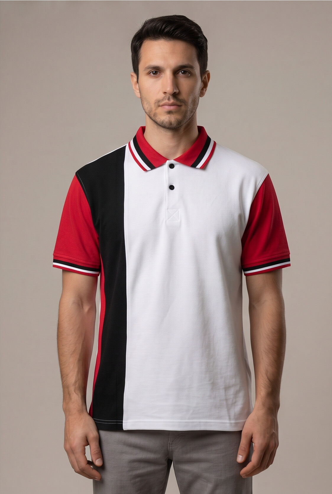 Erkek Polo Yaka T-Shirt Parçalı Beyaz Kırmızı Siyah %100 Pamuk Pike Kumaş - Tisho