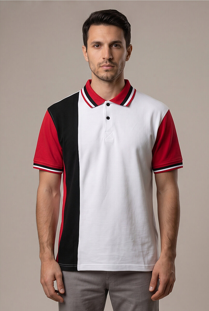 Erkek Polo Yaka T-Shirt Parçalı Beyaz Kırmızı Siyah %100 Pamuk Pike Kumaş - Tisho