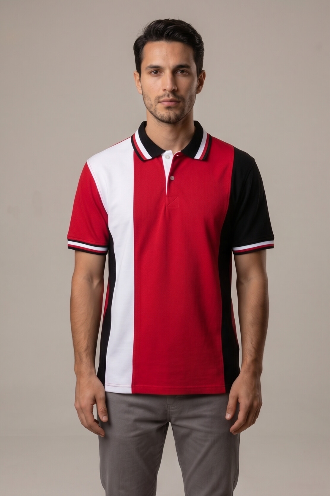 Erkek Polo Yaka T-Shirt Parçalı Kırmızı Beyaz Siyah %100 Pamuk Pike Kumaş - Tisho
