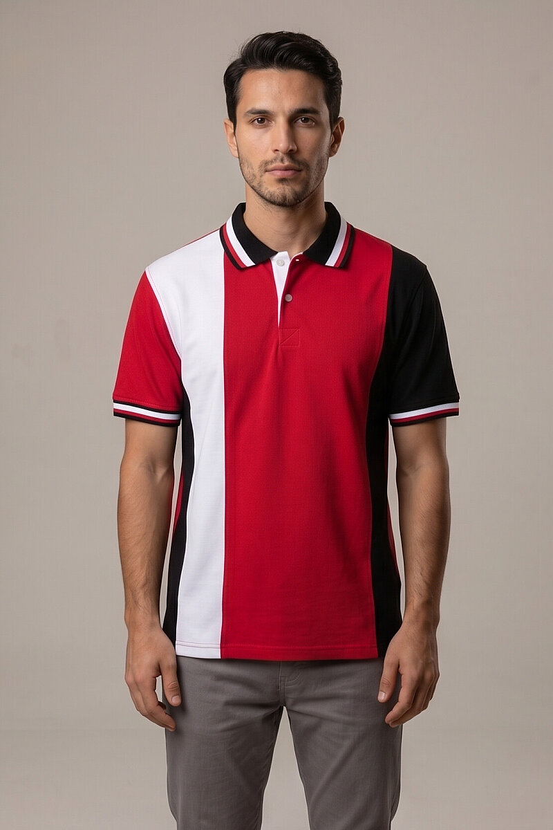 Erkek Polo Yaka T-Shirt Parçalı Kırmızı Beyaz Siyah %100 Pamuk Pike Kumaş - Tisho