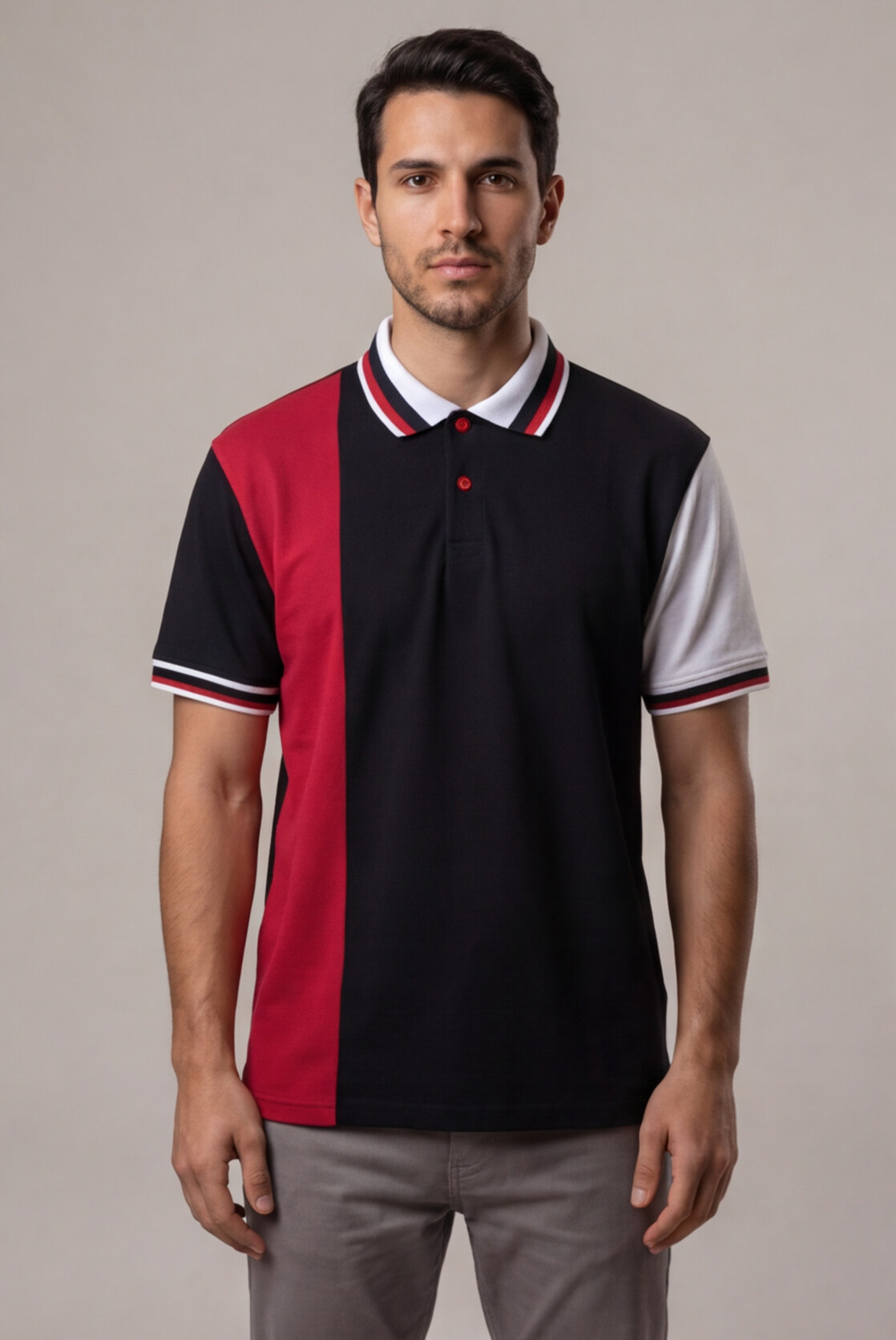Erkek Polo Yaka T-Shirt Parçalı Siyah Kırmızı Beyaz %100 Pamuk Pike Kumaş - Tisho