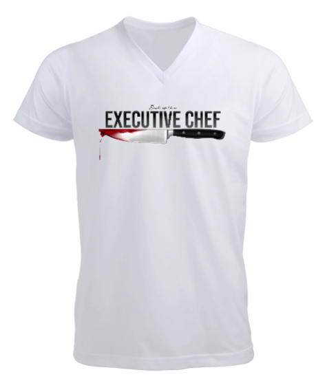 Tisho - Executive Chef Ünvan Yazılı Beyaz Erkek Kısa Kol V Yaka Tişört