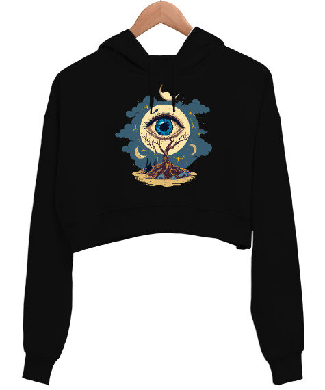 Tisho - Eye And Moon Siyah Kadın Crop Hoodie Kapüşonlu Sweatshirt