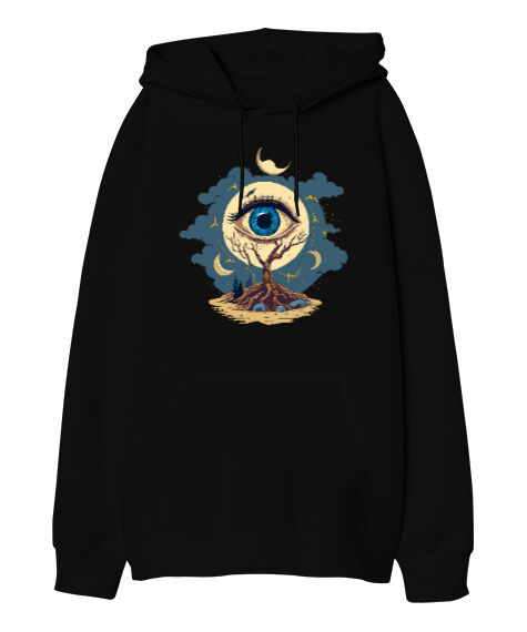 Tisho - Eye And Moon Siyah Oversize Unisex Kapüşonlu Sweatshirt
