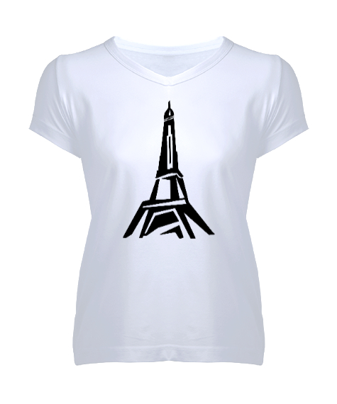 Tisho - Eyfel Kulesi - Eiffel - Paris Beyaz Kadın V Yaka Tişört