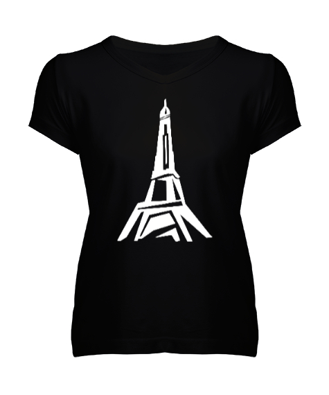 Tisho - Eyfel Kulesi - Eiffel - Paris Siyah Kadın V Yaka Tişört