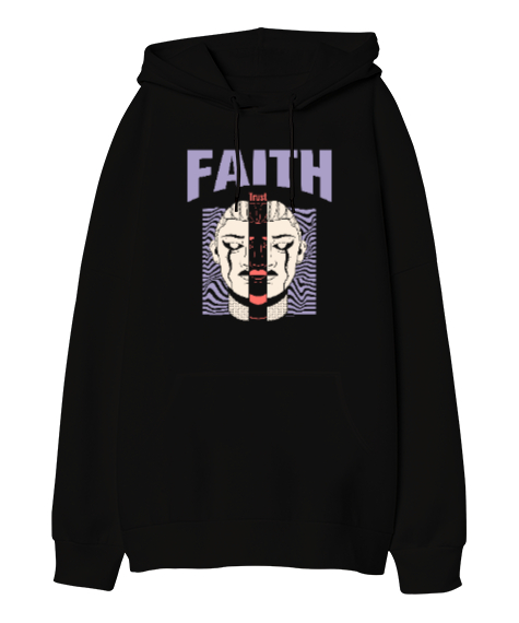 Tisho - Faith - İnanç Siyah Oversize Unisex Kapüşonlu Sweatshirt