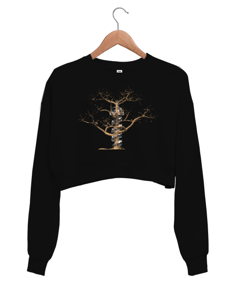Tisho - Fantastik Ağaç Siyah Kadın Crop Sweatshirt