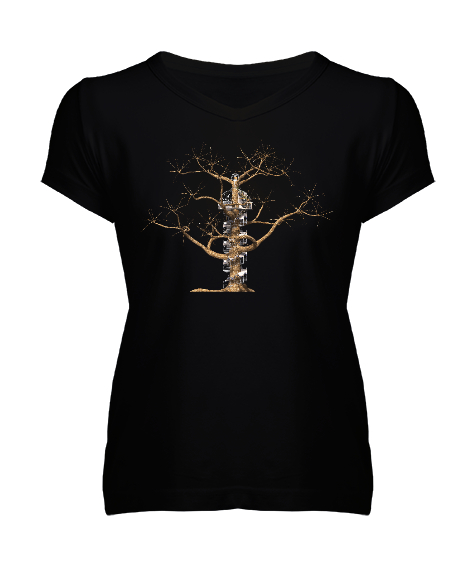 Tisho - Fantastik Ağaç Siyah Kadın V Yaka Tişört