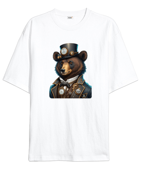 Tisho - Fantastik Ayı - Bear Beyaz Oversize Unisex Tişört