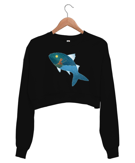 Tisho - Fantastik - Balık Tutmak Siyah Kadın Crop Sweatshirt