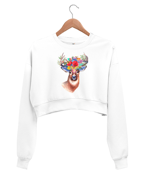 Tisho - Fantastik Geyik - Fantastic Deer Beyaz Kadın Crop Sweatshirt
