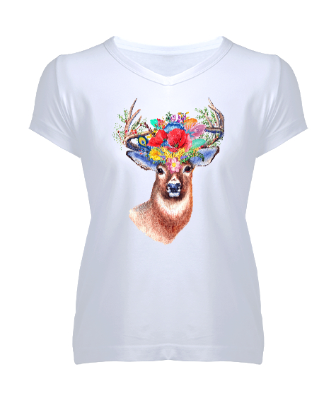 Tisho - Fantastik Geyik - Fantastic Deer Beyaz Kadın V Yaka Tişört