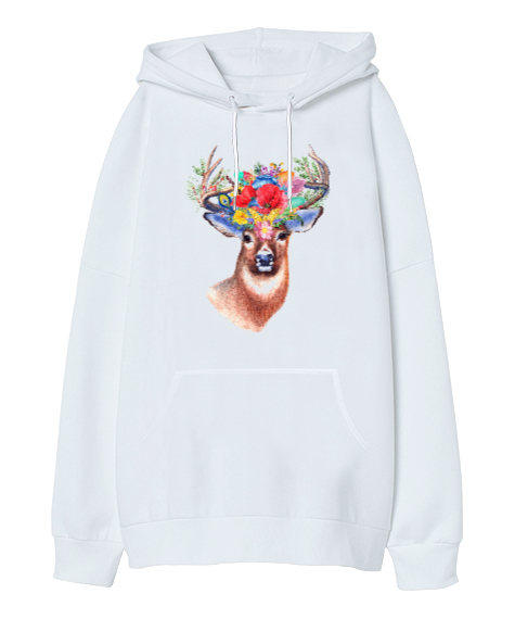 Tisho - Fantastik Geyik - Fantastic Deer Beyaz Oversize Unisex Kapüşonlu Sweatshirt