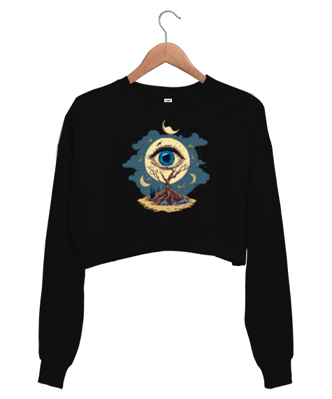 Tisho - Fantastik Göz - Fantastic Eye Siyah Kadın Crop Sweatshirt