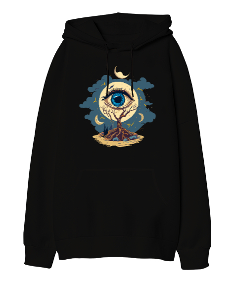 Tisho - Fantastik Göz - Fantastic Eye Siyah Oversize Unisex Kapüşonlu Sweatshirt