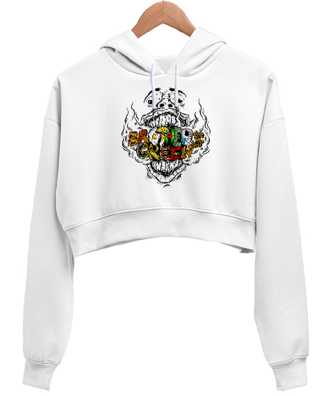 Tisho - Fantastik Surat Beyaz Kadın Crop Hoodie Kapüşonlu Sweatshirt