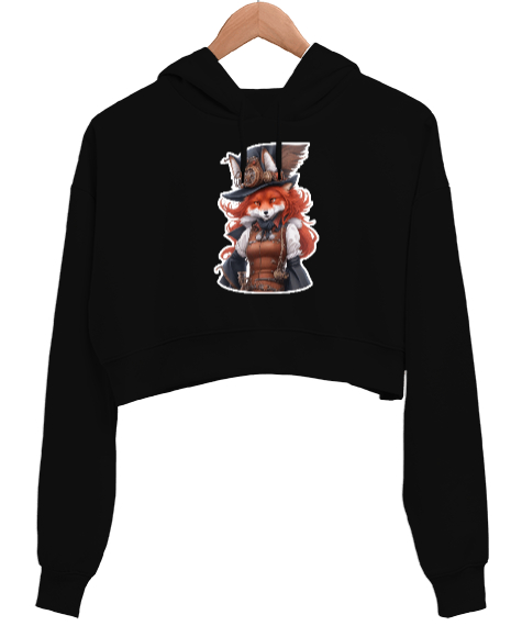 Tisho - Fantastik Tilki Siyah Kadın Crop Hoodie Kapüşonlu Sweatshirt