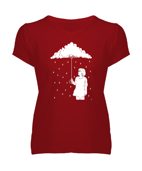 Tisho - Fantastik Yağmur - Bulut Kırmızı Kadın V Yaka Tişört