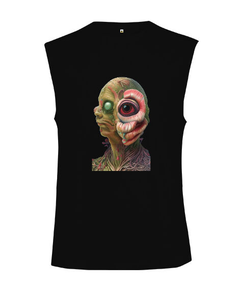 Tisho - Fantezi Canavar Illustration Tasarım Korkunç Gözler Siyah Kesik Kol Unisex Tişört