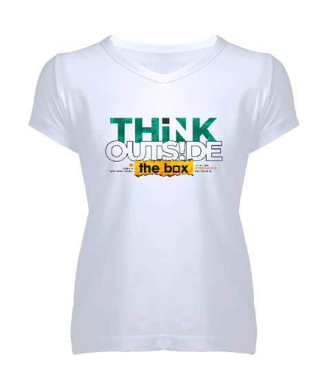 Tisho - Farklı Düşün - Think Outside The Box Beyaz Kadın V Yaka Tişört