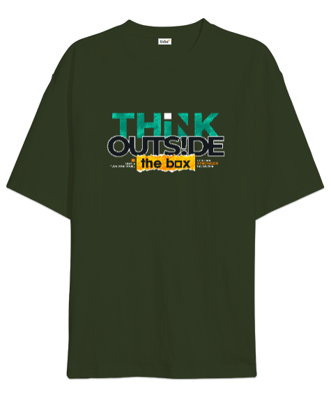 Tisho - Farklı Düşün - Think Outside The Box Haki Yeşili Oversize Unisex Tişört