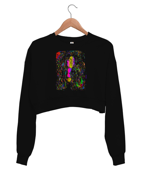 Tisho - Female Silhouette - Renkli Silüet Siyah Kadın Crop Sweatshirt