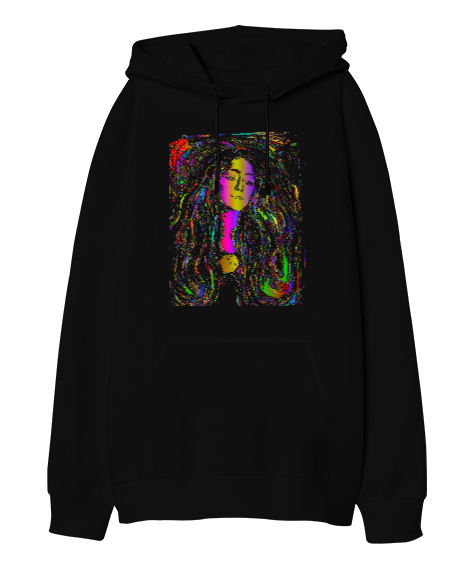 Tisho - Female Silhouette - Renkli Silüet Siyah Oversize Unisex Kapüşonlu Sweatshirt