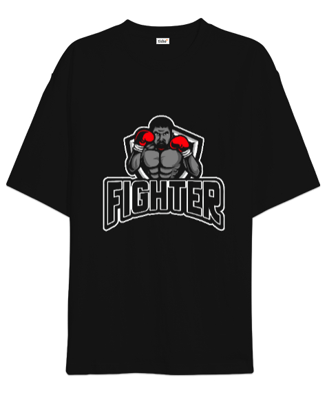 Tisho - Fighter baskılı Siyah Oversize Unisex Tişört