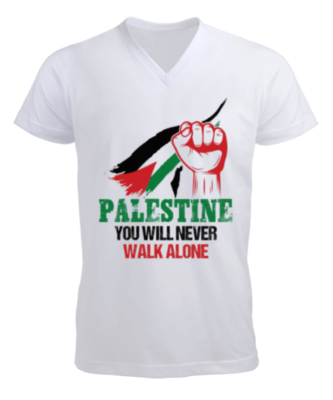 Tisho - Filistin asla yalnız yürümeyeceksin Beyaz Erkek Kısa Kol V Yaka Tişört