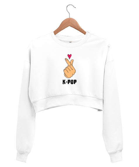 Tisho - Finger Heart - K-Pop Parmak Kalbi Beyaz Kadın Crop Sweatshirt