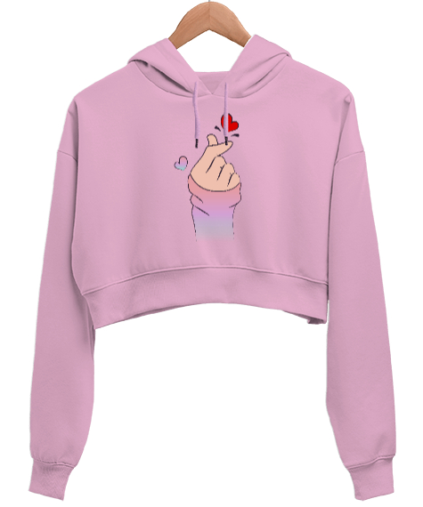 Tisho - Finger Heart Kpop Pembe Kadın Crop Hoodie Kapüşonlu Sweatshirt