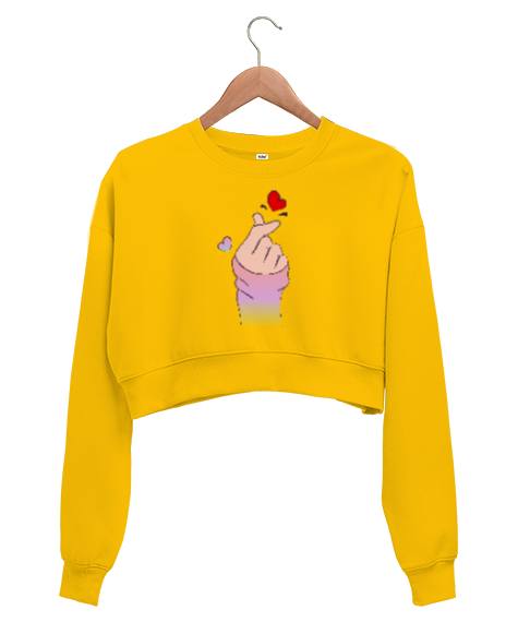 Tisho - Finger Heart Kpop Sarı Kadın Crop Sweatshirt
