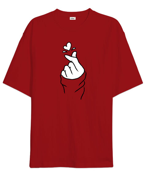 Tisho - Finger Heart Parmak Kore Kalp Kırmızı Oversize Unisex Tişört