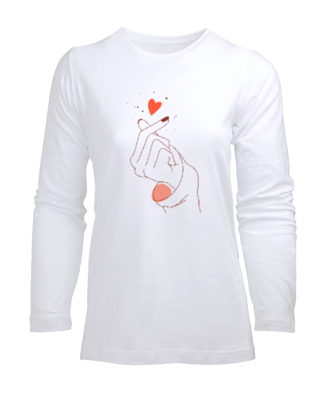 Tisho - Finger Heart - Parmak Şıklatma - Kpop V2 Beyaz Kadın Uzun Kol Tişört
