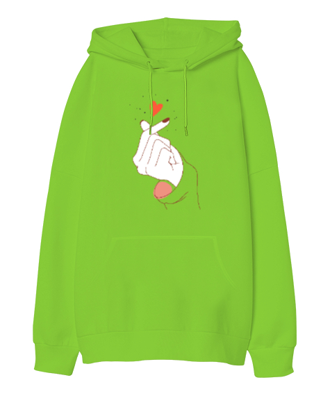 Tisho - Finger Heart - Parmak Şıklatma - Kpop V2 Fıstık Yeşili Oversize Unisex Kapüşonlu Sweatshirt