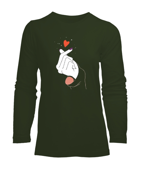 Tisho - Finger Heart - Parmak Şıklatma - Kpop V2 Haki Yeşili Kadın Uzun Kol Tişört