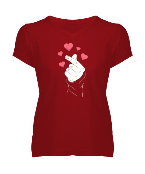 Tisho - Finger Heart - Parmak Şıklatma - Kpop V2 Kırmızı Kadın V Yaka Tişört