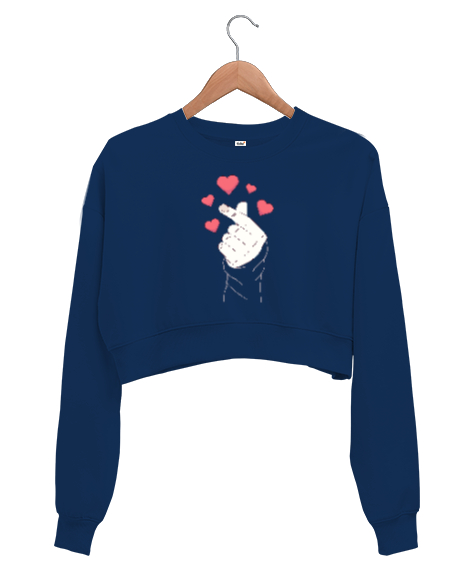 Tisho - Finger Heart - Parmak Şıklatma - Kpop V2 Lacivert Kadın Crop Sweatshirt