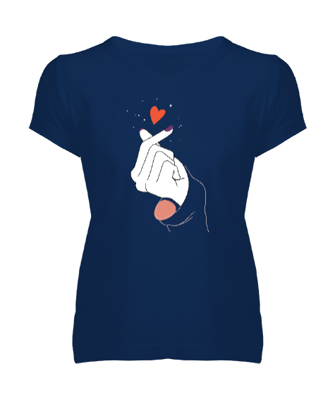 Tisho - Finger Heart - Parmak Şıklatma - Kpop V2 Lacivert Kadın V Yaka Tişört