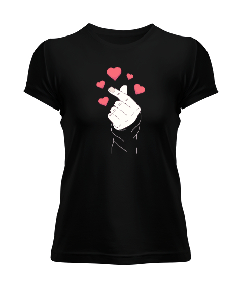 Tisho - Finger Heart - Parmak Şıklatma - Kpop V2 Siyah Kadın Tişört