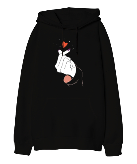 Tisho - Finger Heart - Parmak Şıklatma - Kpop V2 Siyah Oversize Unisex Kapüşonlu Sweatshirt
