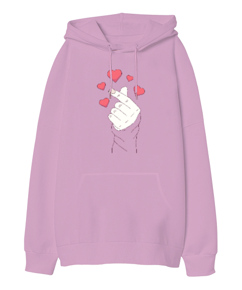 Tisho - Finger Heart - Parmak Şıklatma - Kpop V3 Pembe Oversize Unisex Kapüşonlu Sweatshirt