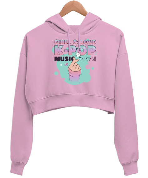 Tisho - Finger Kpop Music - K-pop Pembe Kadın Crop Hoodie Kapüşonlu Sweatshirt