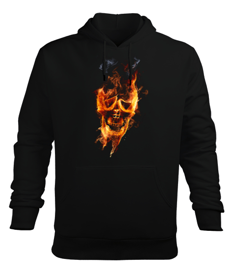 Tisho - Fire Skull Siyah Erkek Kapüşonlu Hoodie Sweatshirt