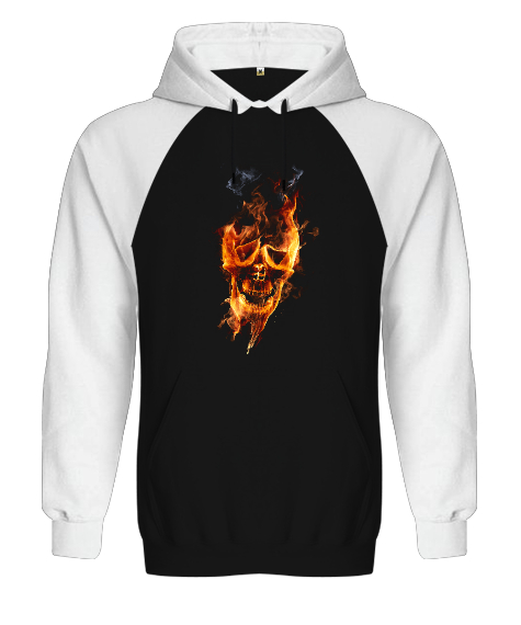 Tisho - Fire Skull Siyah/Beyaz Orjinal Reglan Hoodie Unisex Sweatshirt