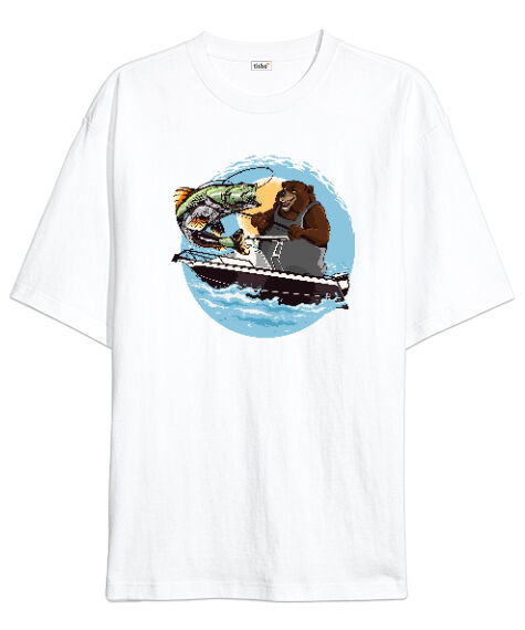 Tisho - Fishing Bear Beyaz Oversize Unisex Tişört