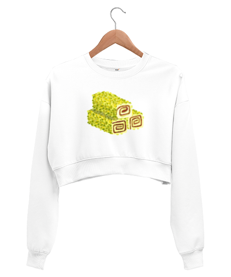 Tisho - Fıstıklı lokum baskılı Beyaz Kadın Crop Sweatshirt