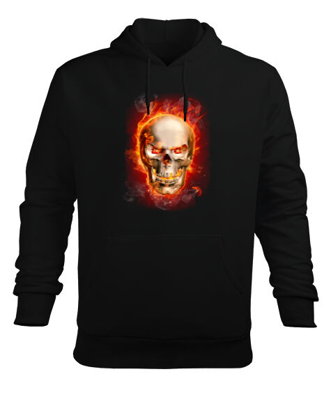 Tisho - Flame Skull Siyah Erkek Kapüşonlu Hoodie Sweatshirt